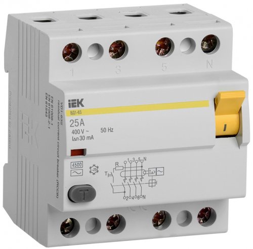 Выключатель дифференциального тока УЗО IEK KARAT ВД1-63 4п 25А 30мА 4,5,кА тип AC картинка